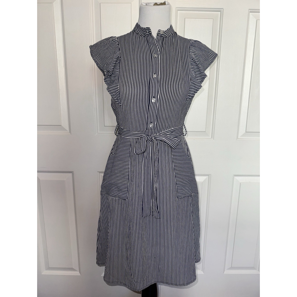 Monteau Nautical Striped Dress Navy White Ruffle Sleeve Belted Coastal Preppy S